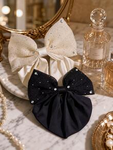 1pc Black Satin Bow Hair Clip, Combining Cute And Elegant School Style. Made Of High-Quality Satin. A Thoughtful Valentine's Day Gift, Popular Among Students. Easily Create A Sweet Look. - Black and White Lace - View 4
