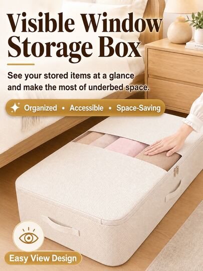 1pc Foldable Zipper Fabric Storage Bag, Large Capacity Organizer Bag With Transparent Window, Suitable For Storing Blankets, Pillows, Also Can Be Used For Holiday, Room, Home, Bedroom Decor. Home Decor. Room Decor. Household