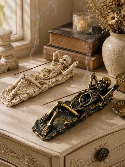 1pc Gothic Skeleton Incense Holder, Resin Skull Incense Burner With Ash Catcher Tray, Relaxed Skeleton Aromatherapy Stick Stand For Bedroom, Living Room, Study Desk, Yoga Meditation, Halloween Home Decor Gift
