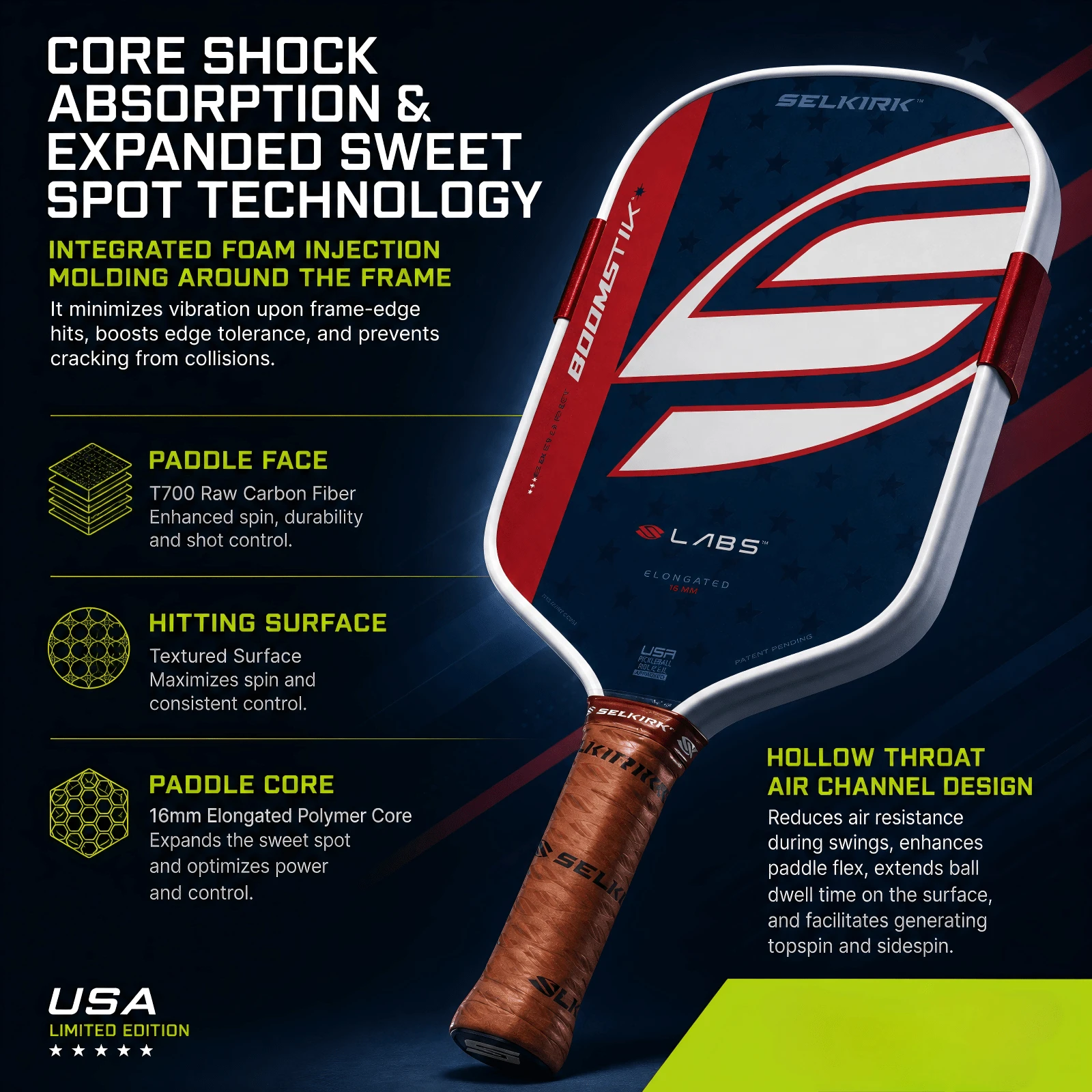 SLK Limited Edition American Flag Pickleball Paddle, T700 Original Color Carbon Fiber Aramid Fiber Chain Weave Thermoformed Professional Power Paddle, USAPA Certified Competition Paddle - Freedom - View 1
