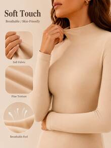Women's Ultra-Thin Warm High Neck Long Sleeve Base Layer, Second Skin Soft Elastic Lightweight, Autumn/Winter Warm Inner Layer Top - Apricot - View 4