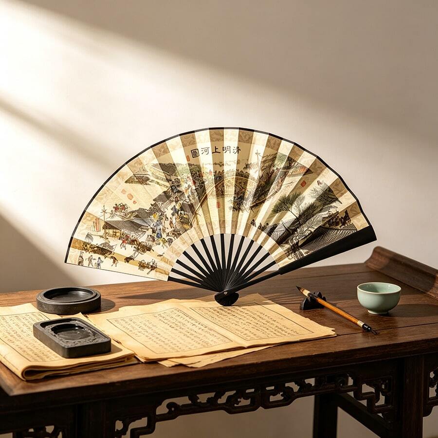 1pc New Chinese Style Ink Wash Folding Fan Maple Bridge Night Mooring / Ink Bamboo / Along The River During The Qingming Festival Double-Sided Printed Folding Fan - Multicolor - View 1