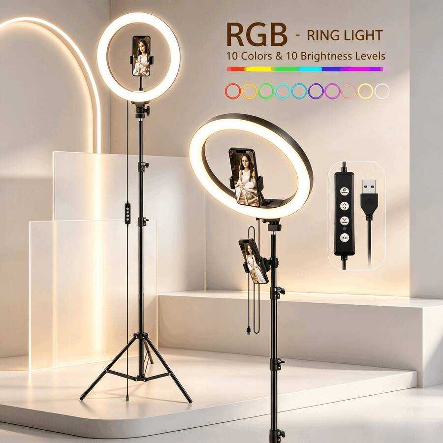 UEGOGO Tripod yang Dapat Diatur 12 Inci dengan Lampu Ring - Tinggi 62,99 Inci/160cm, Termasuk Dudukan Ponsel, 3 Suhu Warna dan LED yang Dapat Diredupkan, Tripod yang Dapat Dilepas Cocok untuk Selfie, Siaran Langsung, dan Fotografi - Hitam - View 1