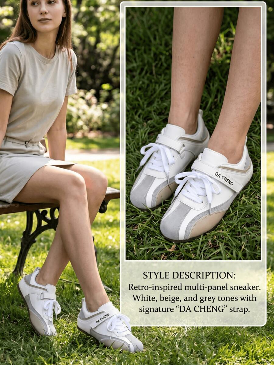 Women's New All-Season Sports Mary Jane Ballet Training Shoes, Pearl Leather Patchwork Beige Flat Shoes With Lace-Up And Hook-And-Loop Closure - Beige - View 1