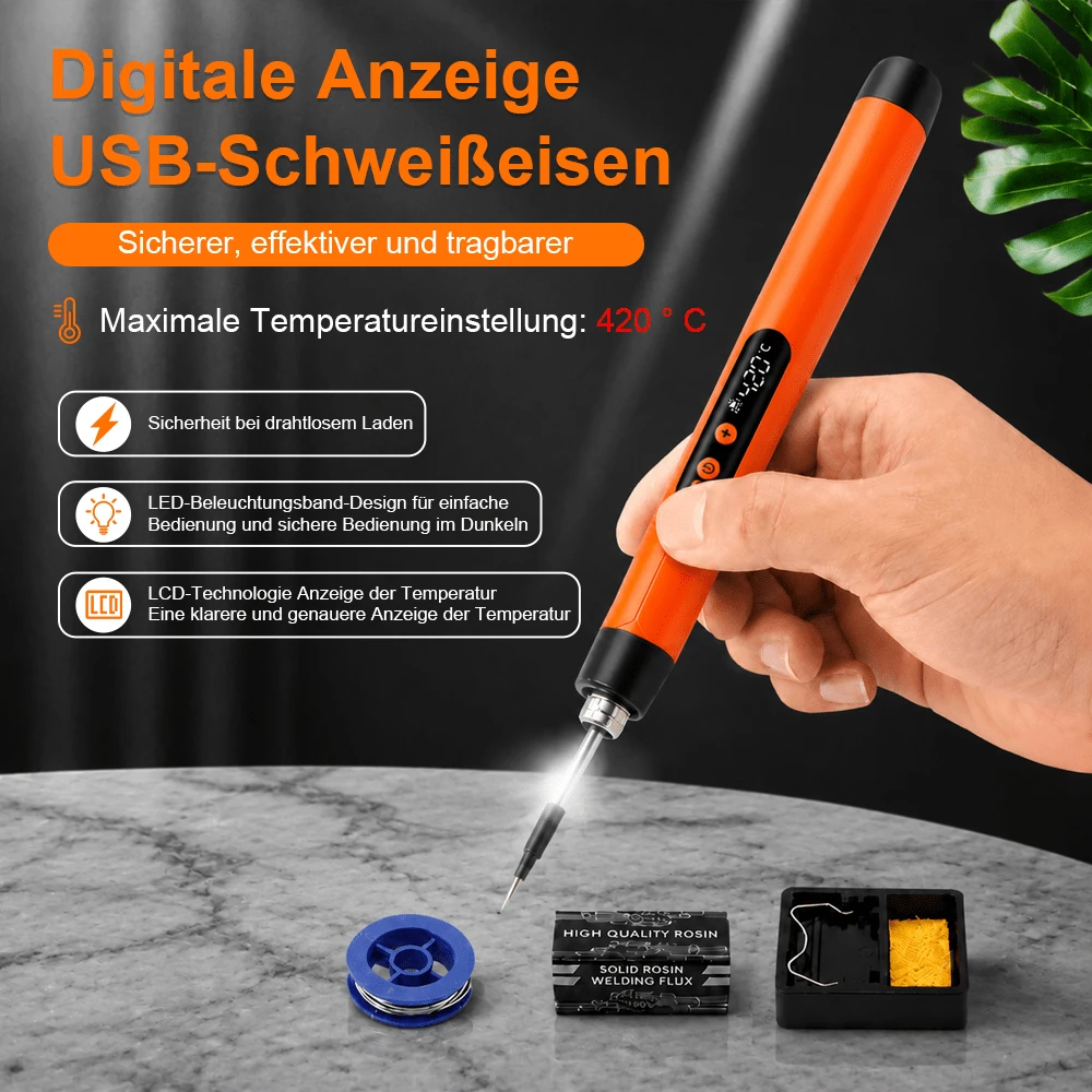 USB-aufladbarer Lötkolben Mit Digitalanzeige, Fünf Temperaturstufen, Kabelloser, Tragbarer Lötstift, Mit LED-Beleuchtung, Austauschbare Lötspitzen, Lötwerkzeug-Set Für Die Reparatur Von Mobiltelefonen Und Haushaltsgeräten - Grau - Übersicht 1