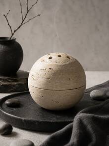 1pc Wabi-Sabi Style Round Hollow Stone Texture Incense Burner, Multi-Hole Spherical Aromatherapy Burner, 2 Colors Sandstone Dark Green, Yoga Meditation Healing Tea Room Decor Fragrance Gift - Stone Ball Incense Burner - View 1