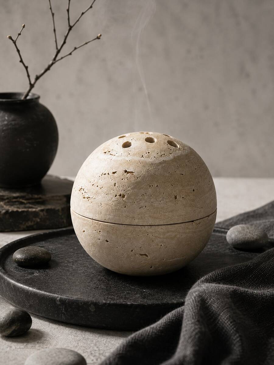 1pc Wabi-Sabi Style Round Hollow Stone Texture Incense Burner, Multi-Hole Spherical Aromatherapy Burner, 2 Colors Sandstone Dark Green, Yoga Meditation Healing Tea Room Decor Fragrance Gift - Stone Ball Incense Burner - View 1