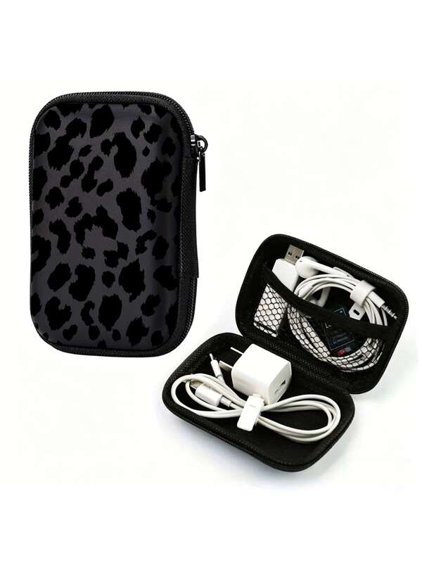 Black Leopard Print EVA Hard Shell 4.3-Inch Compact Storage Box - Travel Protective Storage Bag, Suitable For Electronic Accessories, Earphones, Hard Drives And Data Cables; Anti-Drop Zipper Pouch (Storage Box Only)