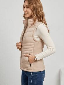 Chaleco Acolchado Marca Impala Para Mujer -Regular Fit -Cuello Alto Para Mayor Protección -Cierre Frontal Metálico -Bolsillos Laterales Con Cremallera -Composición Exterior: 100% Poliamida - Beis - Ver 2