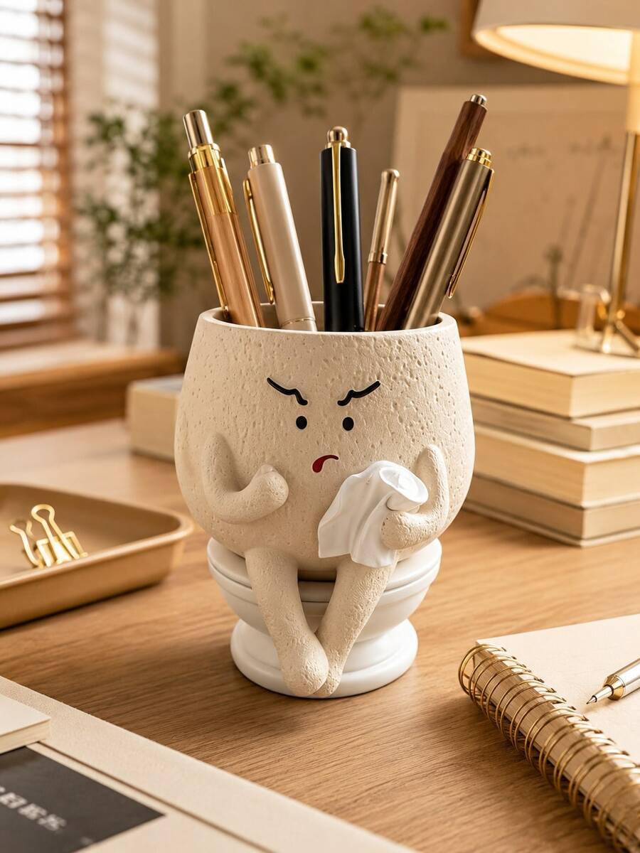 1 Peça Porta-Caneta Engraçado de Banheiro, Copo de Lápis com Rosto Zangado Fofo, Organizador de Mesa Texturizado para Canetas, Marcadores, Tesouras, Suprimentos Escolares, Escritório em Casa, Mesa de Estudo, Decoração de Quarto de Dormitório, Presente - Visão 1
