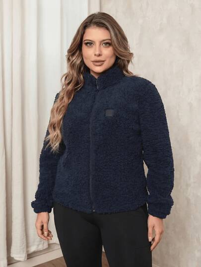 Casaco Teddy Plus Size Feminino Blusa Jaqueta Frio Pelinho Com Zipper Carneirinho Estilo Sharpe Azul Marinho Gola Alta