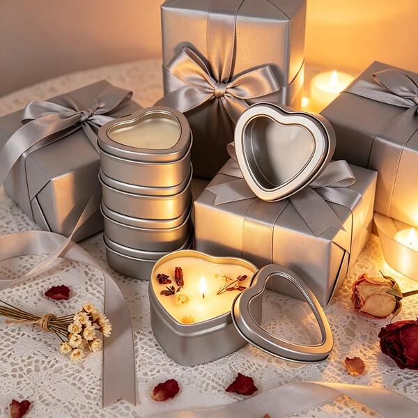 68pcs/6sets Heart-Shaped Candle Tin Boxes With Transparent Window Lid, Tinplate Empty Candy Boxes, Party Favor Storage Boxes, Suitable For Gift Collection, Candle Making, DIY Crafts
