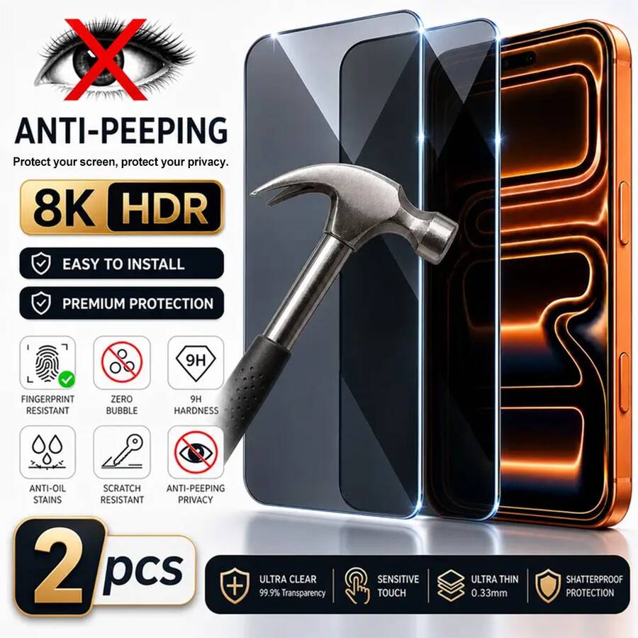 CASECOPS 2PCS Privacy Protector Glass With Screen Cleaning Tool, Perfectly Compatible With 18 Pro Max/18 Pro/18/17 Pro Max/17 Pro/17 Air/17e/17-X Series,Etc. 9H Tempered Glass Full Coverage Screen Protector, Seamless Support The Dynamic Island Feature. 8K HDR, Anti-Peep, Anti-Scratch, Anti-Fingerprint, Case Friendly, Tough And Not Easily Broken, Silky Smooth Feel And Extremely Fast Touch Feedback