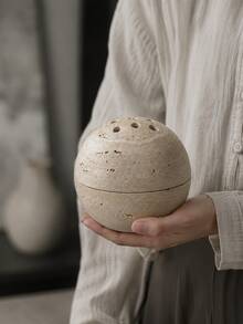 1pc Wabi-Sabi Style Round Hollow Stone Texture Incense Burner, Multi-Hole Spherical Aromatherapy Burner, 2 Colors Sandstone Dark Green, Yoga Meditation Healing Tea Room Decor Fragrance Gift - Stone Ball Incense Burner - View 3