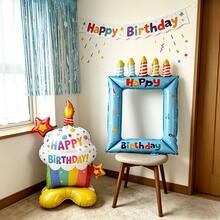 Blue Happy Birthday Print Colorful Candles Birthday Cake Photo Frame Balloon Base Birthday Cake Balloon Set Suitable For Birthday Party Decoration Props Balloons - Blue Candle Photo Frame + Colorful Cupcakes - View 1