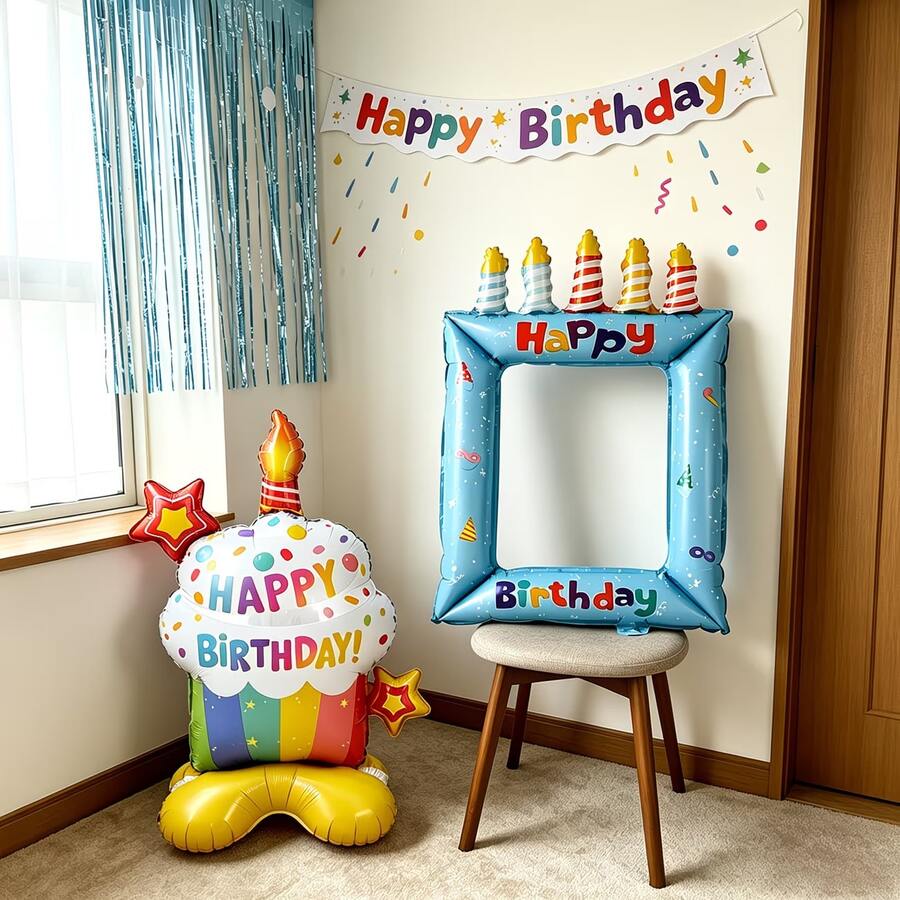 Blue Happy Birthday Print Colorful Candles Birthday Cake Photo Frame Balloon Base Birthday Cake Balloon Set Suitable For Birthday Party Decoration Props Balloons - Blue Candle Photo Frame + Colorful Cupcakes - View 1