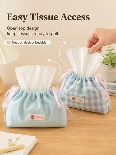 Capa de Caixa de Lenços Xadrez Azul com Laço Fofo, Bolsa de Armazenamento de Lenços Faciais com Cordão, Caixa Organizadora de Lenços de Mesa de Camada Única, Adequada para Sala de Estar, Quarto, Banheiro, Escritório, Dormitório, Penteadeira e Decoração Doméstica