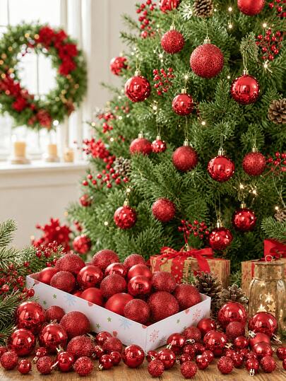 42pcs/Set Christmas Ball Ornaments, Red Christmas Ball Set, Indoor Christmas Party Decoration, Christmas Hanging Decorations, Christmas Ball Ornament Set, Christmas Decorations, Suitable For Christmas Tree Room Decoration, New Year Holiday, Wedding Party Decoration (Red)