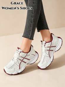 2026 Spring/Autumn New Thick Sole Platform Sneakers, Designed For Petite Women, Multiple Styles Available, Casual Fashion, White Thick Sole - Red - View 4