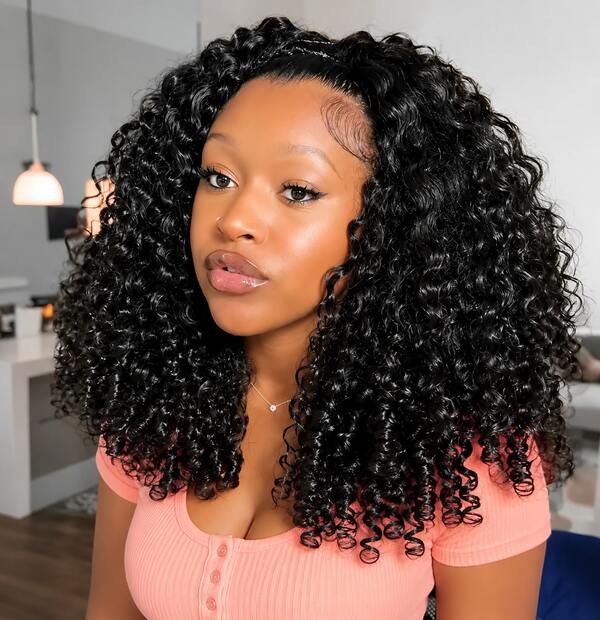 bling hair 200% Density Burmese Curly Human Hair Half Wig With Drawstring Invisi Strap Half Wigs With Spiral Ends Wear Go Glueless Wig For Beginners 3 In 1 Seamless Flip Over Kinky Curly Kinky Straight Deep Wave Half Wigs 24 Inch Wear And Go Half Wigs For Women