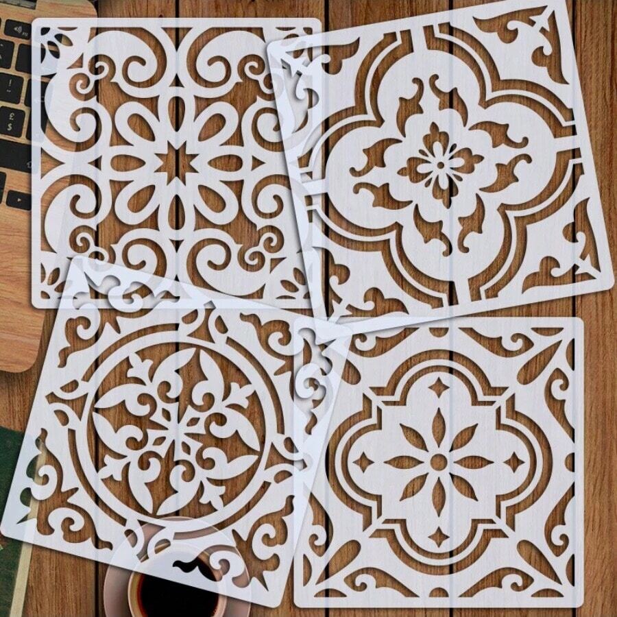 4pcs Moroccan Tile Stencil Set, 6X6 Inch Reusable Painting Stencils, Geometric Stencils, DIY Craft Project Stencils, Suitable For Fabric, Canvas, Furniture And Home Decor - Sets - View 1