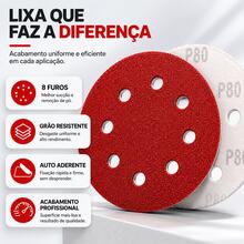 Kit Disco Lixa 125mm P80 8 Furos Lixadeira Orbital Madeira Massa Parede Funilaria 10 20 30 40 50 100 - Vinho - Visão 3