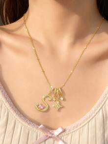 1pc Gold Letter Pendant Necklace With Pink Heart Gemstone & Shiny Star Pendant Stainless Steel Collarbone Chain, Cute Y2K Sweet Style Women Girls Jewelry - Yellow Gold - View 2