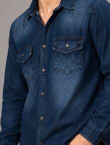 Men's Slim Fit Dark Wash Denim Shirt - Dark Wash - View 3
