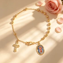 1pc Women's Fashion Bracelet, Gold Beaded Cross Bracelet, Catholic Rosary Bracelet, Religious Jewelry, Image Jewelry, Church Prayer/Christian/Christmas Baptism/Halloween/Thanksgiving/Easter Gift, Everyday Wear To Showcase Faith, Unisex - Gold - View 14