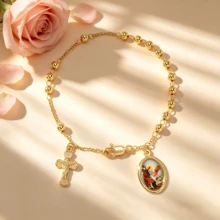 1pc Women's Fashion Bracelet, Gold Beaded Cross Bracelet, Catholic Rosary Bracelet, Religious Jewelry, Image Jewelry, Church Prayer/Christian/Christmas Baptism/Halloween/Thanksgiving/Easter Gift, Everyday Wear To Showcase Faith, Unisex - Gold - View 18