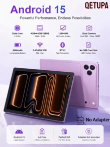 Qetupa Android 15 八核心 2.0GHz 平板電腦，4GB+64GB/128GB，1280*800 HD 觸控螢幕，5MP+13MP 雙鏡頭，6000mAh 電池，雙頻 2.4G/5G WiFi 802.11ac，BT5.2，無 SIM 卡槽，無廣告辦公會議平板，禮品平板（不含適配器） - 粉色 - 查看 1