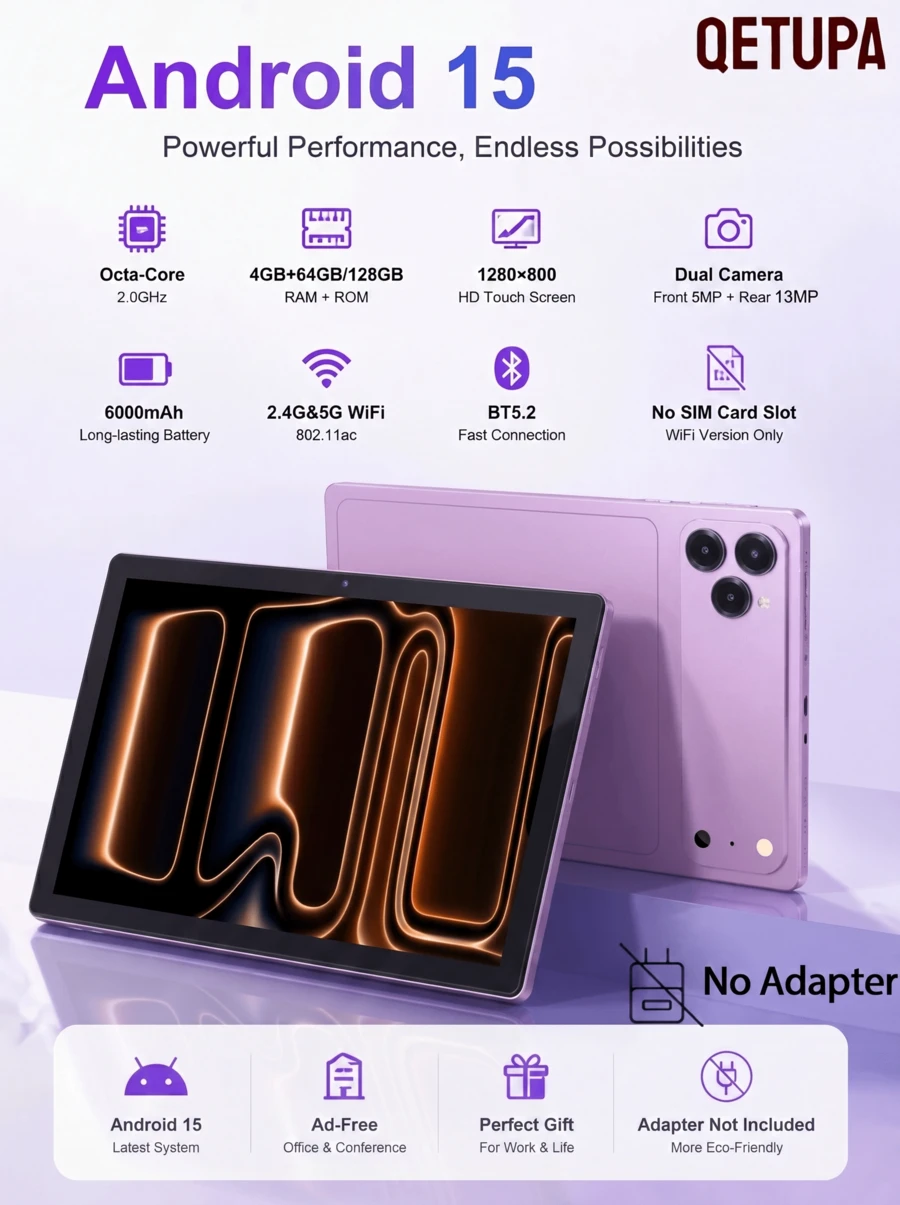 Qetupa Android 15 八核心 2.0GHz 平板電腦,4GB+64GB/128GB,1280*800 HD 觸控螢幕,5MP+13MP 雙鏡頭,6000mAh 電池,雙頻 2.4G/5G WiFi 802.11ac,BT5.2,無 SIM 卡槽,無廣告辦公會議平板,禮品平板(不含適配器) - 粉色 - 查看 1