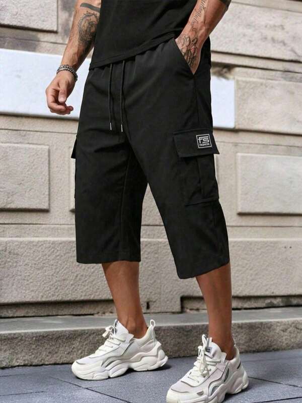 Men's Black Casual Cargo Shorts, Practical Pockets, Suitable For Daily Wear And Sports Summer