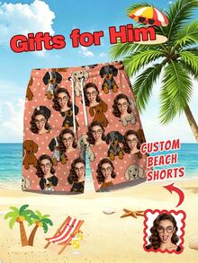 1pc Customizable Men's Hawaiian Beach Shorts With Personalized Face Design, Funny And Humorous Style, Suitable For Daily Casual, Friends Gathering, Party Wear, Custom Fun Gift For Boyfriend/Girlfriend, Family And Friends, Creative Ideal Gift - Multicolor - View 4