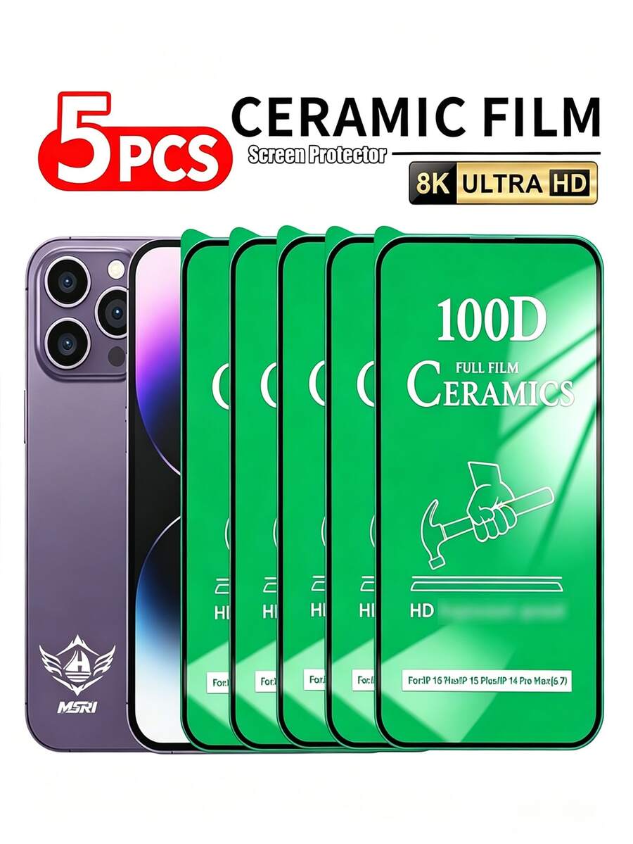 5pcs/Pack, Ceramic Screen Protector, High Definition Clear, Soft Material, Easy Installation, Bubble-Free Installation With Tools, Soft Ceramic High Definition Screen Film, Compatible With IPhone 17 Pro Max/17E/16 Pro Max/17 Pro/17/16/15/14/13/12/Mini/11 And Other Models - Clear - View 1
