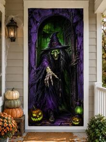 Halloween Witch Door Curtain Backdrop, Purple & Green Scary Witch Pumpkin Print Polyester Vertical Door Banner, High-Definition Printing Lightweight Easy To Hang, Suitable For Entrance Door, Hallway, Haunted House And Halloween Party Decoration - Witch - View 3