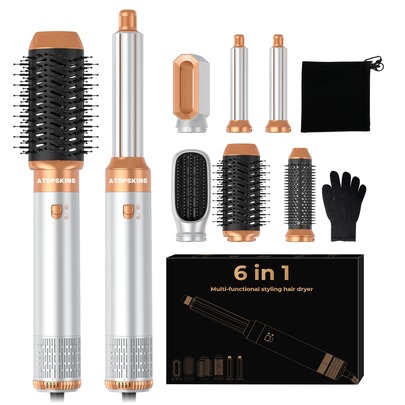 ATOPSKINS Set de cepillo de peinado de aire caliente multifunción 5 en 1, rizador rotativo con succión de flujo de aire automática, secador de pelo, cepillo redondo voluminizador, peinado rápido en seco/húmedo, 3 ajustes de temperatura para tipos de cabello fino/grueso; adecuado para salón en casa, desplazamientos, viajes, maquillaje de fiesta y baile; regalo perfecto para el Día de San Valentín, Epifanía, Carnaval, Día de San Patricio, regalo de peinado de cabello atento para novia, mamá (Negro 5 en 1, Blanco 6 en 1)