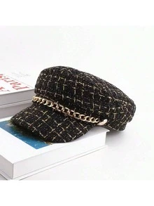 Elegant Plaid Tweed Newsboy Cap Set, Gold Chain Pearl Metal Button Decor Vintage Duckbill Women's Hat, Suitable For Autumn/Winter Daily, Shopping, Garden Party, Evening Party And Street Style - Multicolor - View 9