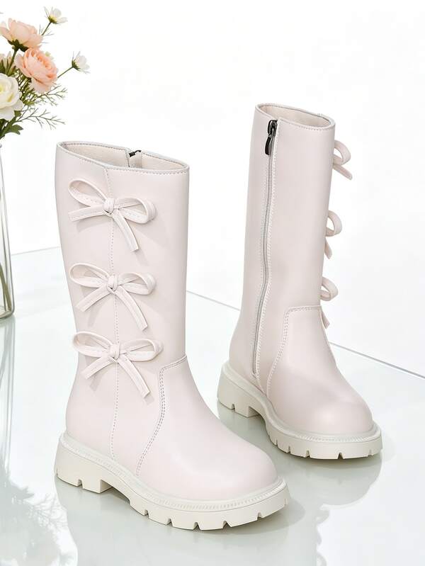 1 Pair Tall Boots, Solid Color Soft PU With Stitched Detail, Round Toe, Elastic Soft Sole, Front Lace-Up And Inner Side Zipper Design, Fashionable Cute Basic High-Top Riding Boots, Suitable For Daily Wear, Outings, Campus, Festivals, Autumn/Winter New Style
