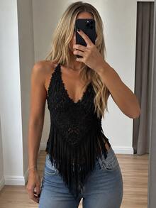 Women's Elegant Sheer Solid Color Lace Fringe Hollow-Out Long Sleeve Tee – Bohemian Vacation Slim Fit Top, Versatile For Daily & Holiday Outfits - Sleeveless black - 查看 8