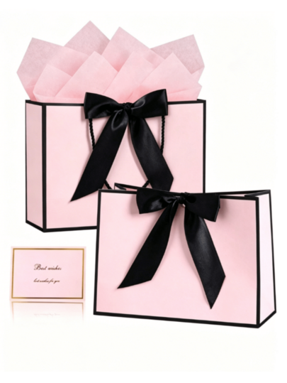12-Piece Pink Gift Bag Set, Tote Bags With Decorative Bows, Premium Paper Tote Bags Suitable For Thanksgiving, New Year, Weddings, Birthdays, Valentine's Bridesmaid And Girlfriend Party Gifts, Applicable To Valentine's Day And Other Occasions.