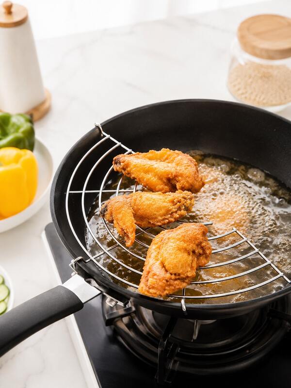 Escurridor de freír semicircular de acero inoxidable, colador de aceite para el borde de la olla, rejilla de enfriamiento para alimentos crujientes, soporte para goteo de grasa para pollo, papas fritas y tempura.