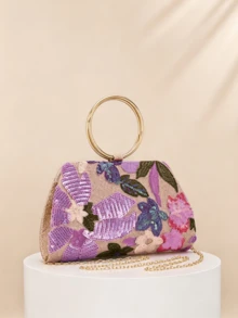 女款紫色亮片刺繡花卉手拿包，金屬環手柄正式派對手提包，亮片刺繡工藝，彩色亮面3D花卉圖案，適合婚禮、慶典與正式場合（隨機圖案） - 紫色 - 查看 2