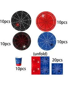 10pcs/20pcs/70pcs/71pcs Red Blue Black Spider Web Party Tableware Set, 9/7 Inch Paper Plates, 3.5 Inch Tall Paper Cups, 6.5 Inch Napkins, 42x70 Inch Plastic Tablecloth, Suitable For Birthday, Halloween, Hero Theme Party Decoration - Multicolor - View 9
