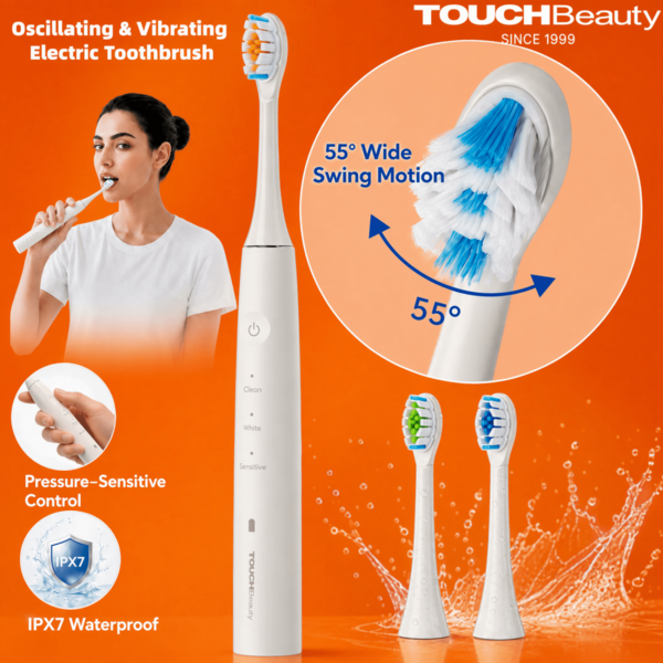 TOUCHBeauty Electric Toothbrush, 55℃ Vibration, Curved Bristles, 3 Replacement Brush Heads, 45-Day Battery Life, EU Food Contact Grade Certified Material, Suitable For Travel And Home, Gift For Friends, Women, Men, Parents