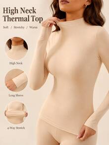 Women's Ultra-Thin Warm High Neck Long Sleeve Base Layer, Second Skin Soft Elastic Lightweight, Autumn/Winter Warm Inner Layer Top - Apricot - View 2