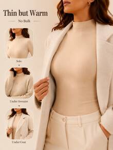 Women's Ultra-Thin Warm High Neck Long Sleeve Base Layer, Second Skin Soft Elastic Lightweight, Autumn/Winter Warm Inner Layer Top - Apricot - View 3