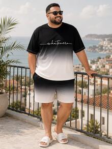 Plus Size Men's Casual Home Set Black & White Gradient Letter Print T-Shirt And Bermuda Shorts - Multicolor - View 1