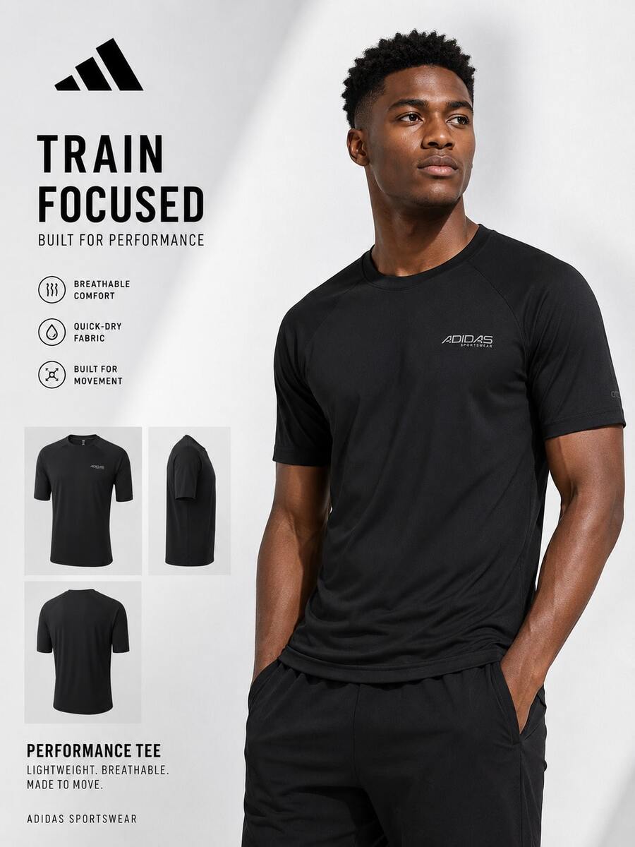 Adidas New Men's Short-Sleeved Sports T-Shirt, Quick-Drying And Breathable, Round Neck Fitness Top - Black - View 1