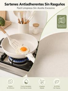 Juego de Ollas y Sartenes Antiadherentes de 22 Piezas con Mangos Desmontables, Batería de Cocina Apilable para Inducción y Gas, con Tapas de Vidrio y 11 Utensilios de Silicona, Color Crema - Ver 5